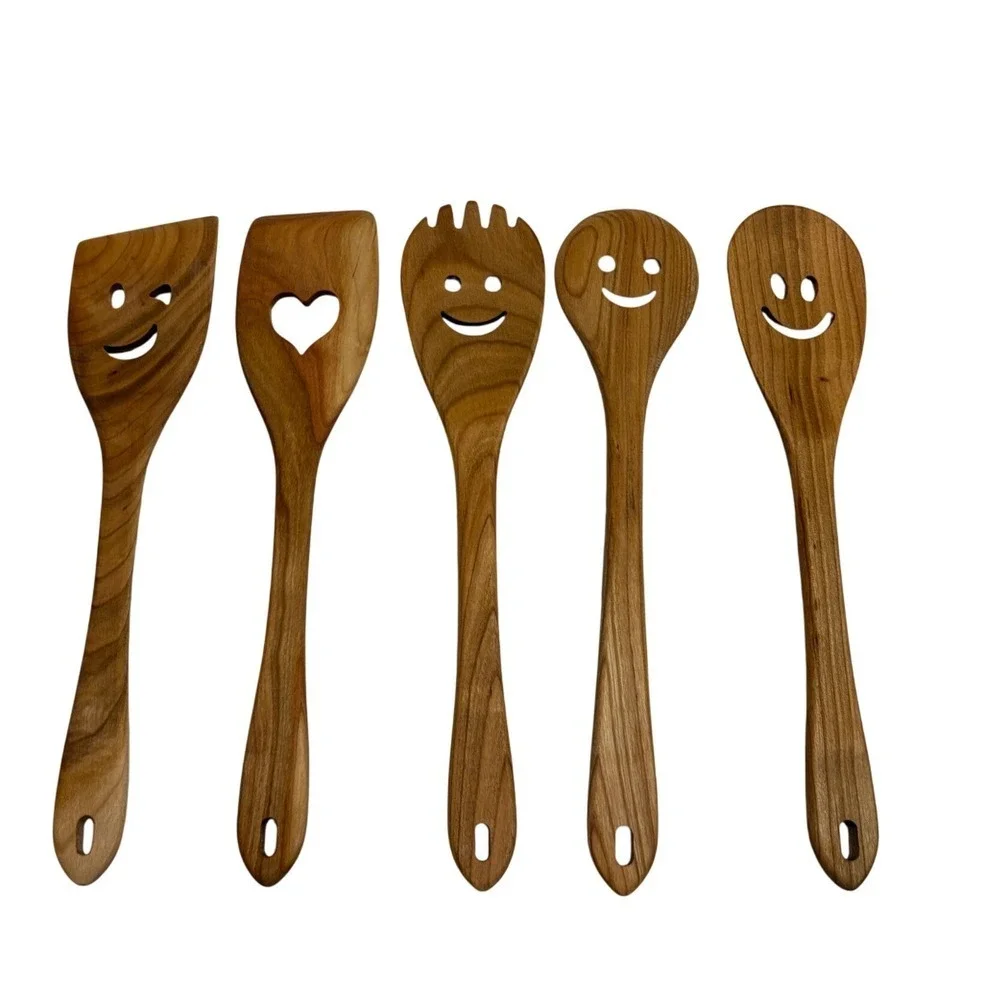 MyFancyCraft Wooden Cooking Utensils Set Spatula Spoon with Smiley Faces